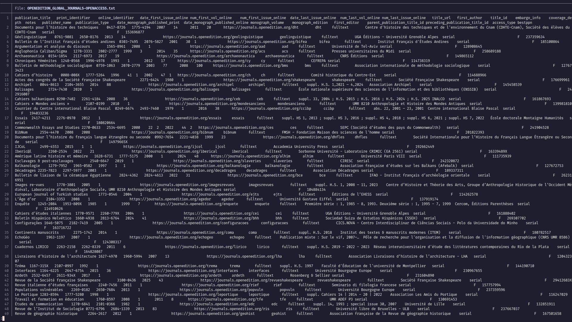 RAW KBART file screenshot